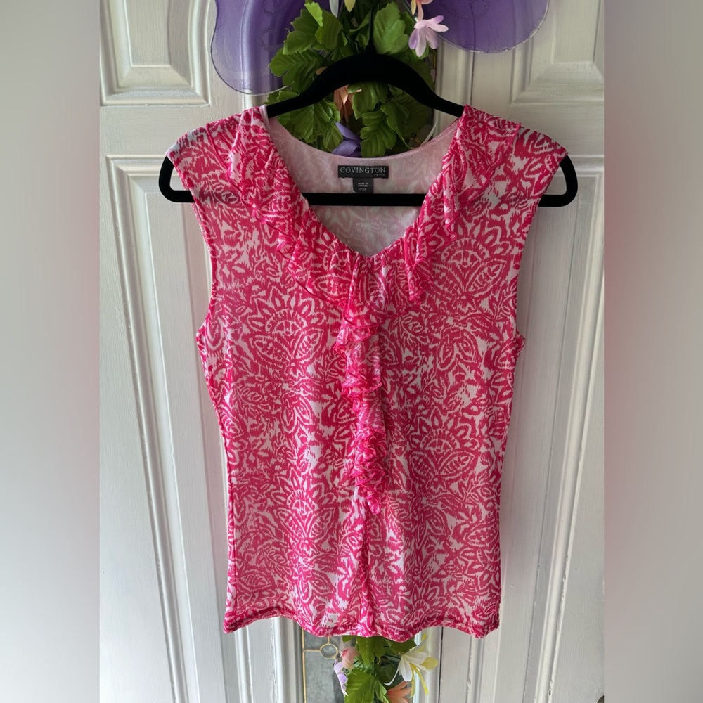 COVINGTON Mesh Ruffle Pink White Floral Feminine STRETCHY Sleeveless Top sz S/P